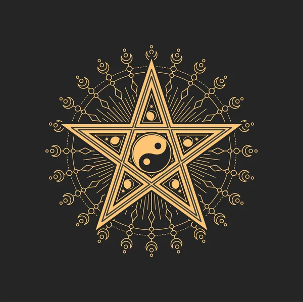 Símbolo Yin Yang Dentro Estrella Pentagrama Con Luna Media Luna — Vector de stock