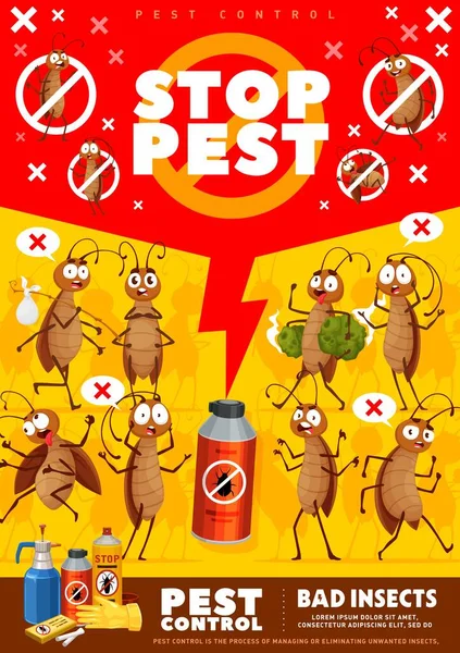 Poster Pengendali Hama Atau Selebaran Karakter Kecoa Kartun Pest Control - Stok Vektor