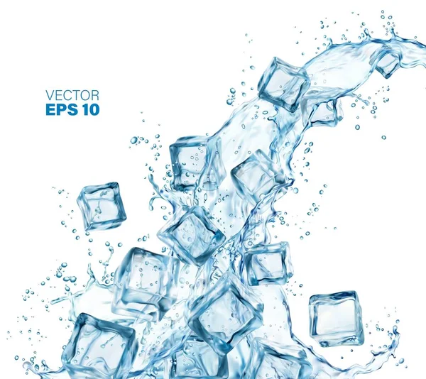 Blue Water Wave Cascade Splash Ice Crystal Cubes Realistic Vector — Stock Vector