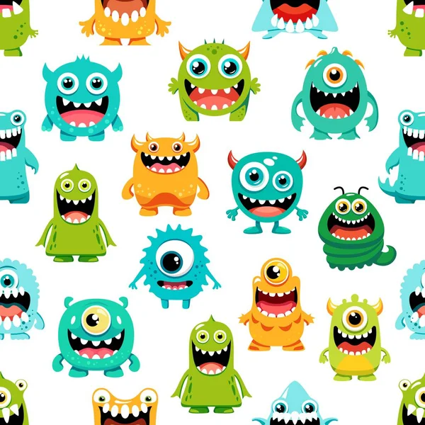 Cartoon Monster Personages Naadloos Patroon Vector Herhaalde Achtergrond Met Schattige — Stockvector