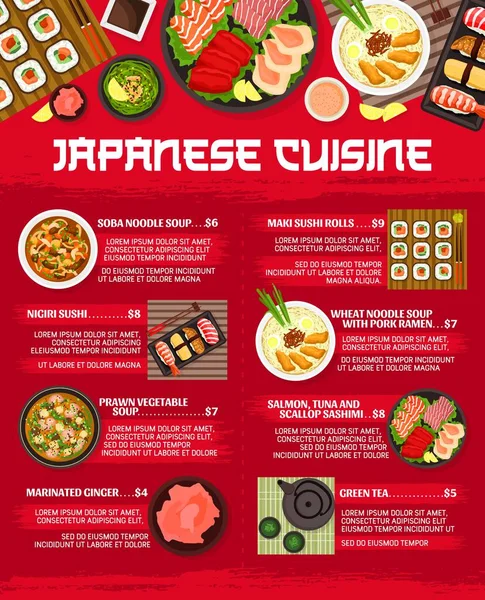 Japanische Küche Restaurant Speisekarte Vorlage Lachs Thunfisch Und Jakobsmuscheln Sashimi — Stockvektor