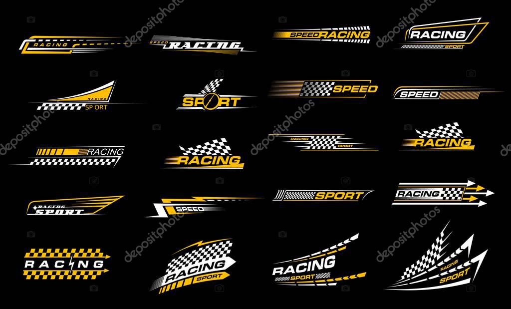Race sport car stripe stickers, checker decals. Motocross competition retro emblems, motorsport championship or rally racing tournament vintage vector symbols or decals set with victory checkered flag