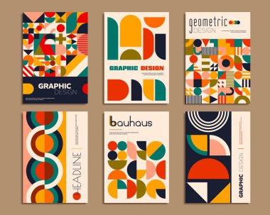 Geometrik soyut desenli Bauhaus posterleri. İş sunum sayfası şablonu, kurumsal kimlik posteri veya Bauhaus geometrik arkaplan ile el ilanı üzerinde soyut bir arkaplan oluşturur