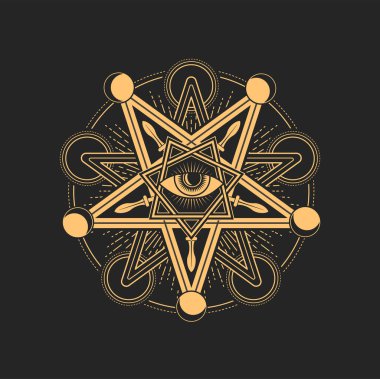 Ezoterik ve okült pentagram, mason ya da tarot sembolleri. Sihirli vektör, Takdir-i ilahi yıldızın içinde ve etrafında hilal şeklinde bir işaret var. Ruhani illuminati sembolik, astroloji veya simya tılsımı.