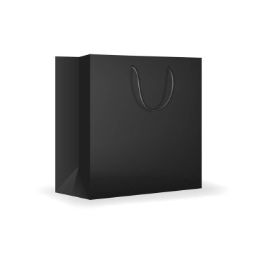 Siyah halat saplı kağıt alışveriş torbası. Kağıt torba, karton alışveriş torbası ya da butik satın alma paketi 3D vektör modeli. İzole mağaza alışverişçisi gerçekçi tasarım şablonu veya maketi