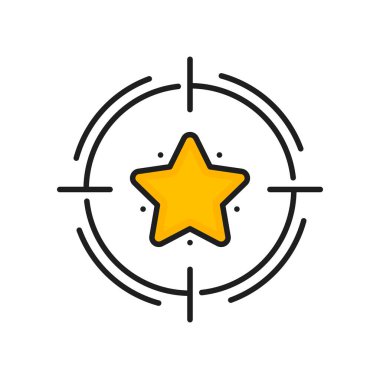 Kalite derecelendirme simgesi, kademe yıldız sembolü veya tekrar yıldız, çizgi vektör müşteri. Hedef çemberde müşteri hizmetleri için kalite derecelendirme yıldızı en iyi oran, memnuniyet geri bildirim ve görüş sıralama yıldızı