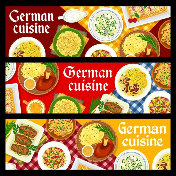 Deutsche Küche Restaurant Lebensmittel Banner Pilzrouladen Käsesalat Und Sauerkrauteintopf Gemüsewurstsalat — Stockvektor