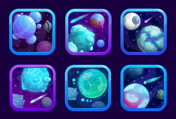 卡通空间游戏应用图标与蓝色和紫色行星 计算机视频游戏Gui 手机游戏Ui矢量图标 用奇异星系冰和水晶行星应用用户界面正方形按钮 — 图库矢量图片