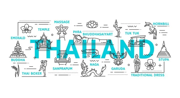 Thailand Reisesymbole Thailändische Sehenswürdigkeiten Kultur Essen Und Traditionen Vektorliniensymbole Thailand — Stockvektor