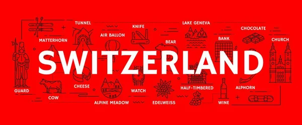 瑞士旅行的图标与矢量线瑞士山脉 巧克力和奶牛 滑雪和半木制房子 大纲信天翁 日内瓦湖和熊 热气球 — 图库矢量图片