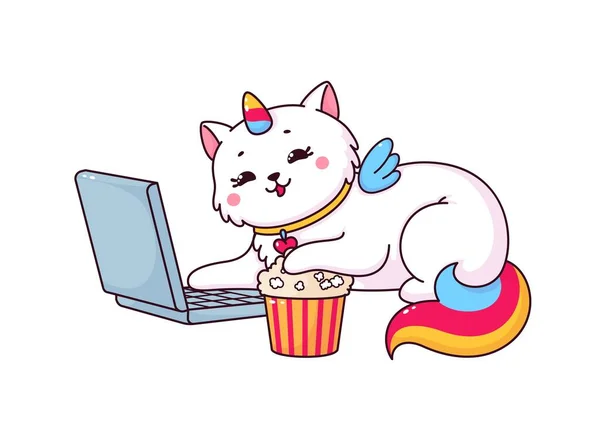 ラップトップとポップコーンのバケツと漫画のかわいい猫のキャラクター 虹色の尾と角を持つユニコーン猫や子猫ベクトルの人物 かわいい魔法の動物の生き物 面白いCaticornサーフィンインターネット — ストックベクタ