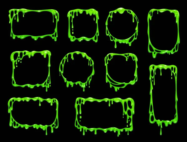 漫画の緑のスライムフレーム ハロウィーンの休日不気味な背景 ベクトル不気味なラウンド 流れると滴下グー 有毒液体 緑の塗料やスライムと正方形と長方形のフレーム — ストックベクタ