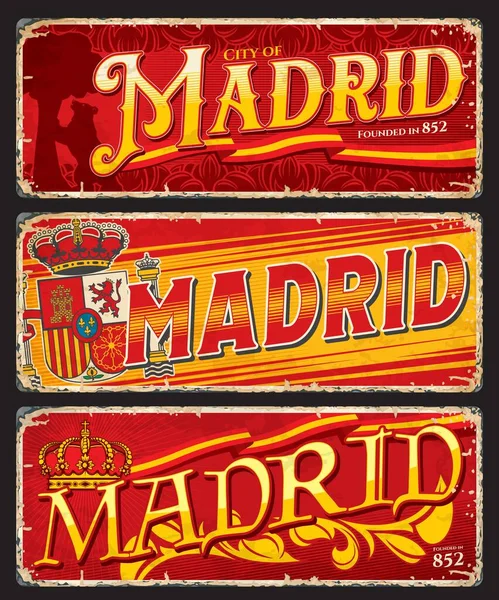 Madridské Cestovní Samolepky Poznávací Značky Vektorovou Vlajkou Erbem Španělska Heraldické — Stockový vektor