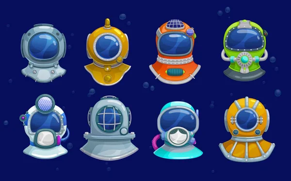 深海スキューバダイビングスーツ機器の漫画のダイバーヘルメット 泡と青の背景にカラー呼吸マスク フェイスプレート エアダクト 排気バルブとベクトルヴィンテージ水中ヘルメット — ストックベクタ
