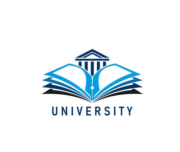 大学教育図書のアイコン 図書館辞書 青い紙のページを持つオープンブックの教科書ベクトル記号 ヴィンテージ噴水ペンNibと柱や列を持つ大学図書館の建物 — ストックベクタ