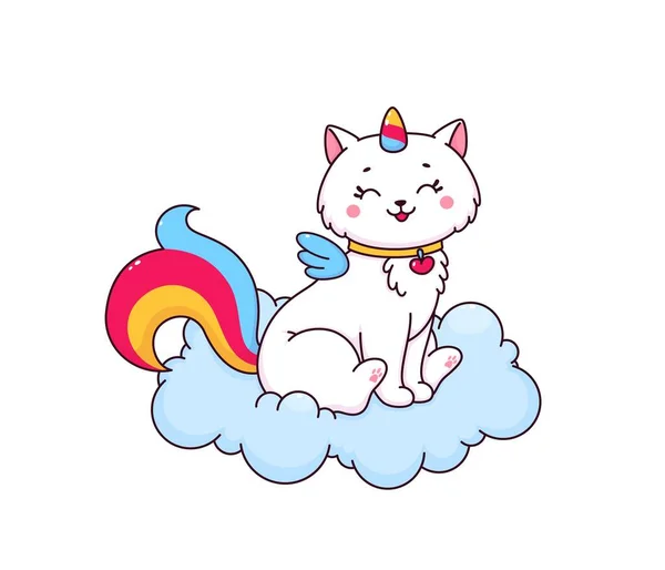 Cartoon Caticorn Character Fluffy Cloud Rainbow Unicorn Horn Tail Angel — Stock Vector