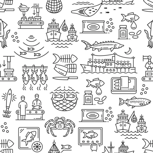 Fishing Industry Seamless Pattern Fishery Boat Fish Seafood Vector Background — Stock Vector