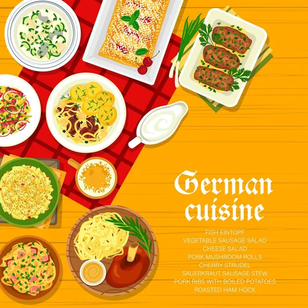 Duitse Keuken Restaurant Menu Dekken Ontwerp Sauerkraut Worst Stoofpot Kaas — Stockvector