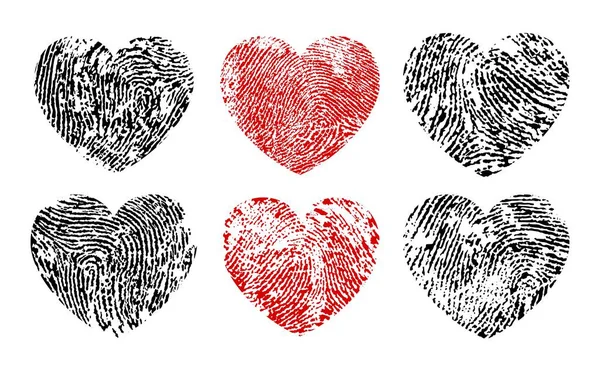 手印的心脏 情人节黑色和红色指印图案 8月8日庆祝油墨指纹纹理或周年请柬指纹矢量符号 婚礼卡片的指纹 — 图库矢量图片