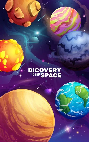 Ruimte Planeten Cartoon Sterrenstelsel Poster Universum Hemel Sterren Vector Achtergrond — Stockvector