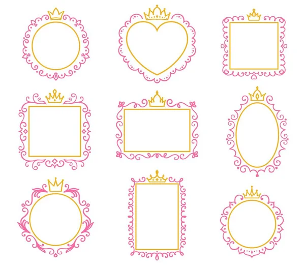 プリンセスフレームと王冠と鏡 結婚式や誕生日の休日 子供パーティー招待カードラウンド 正方形と長方形の花の勝利者またはキングクラウンや王子Tiaraとドアアウトラインフレーム — ストックベクタ