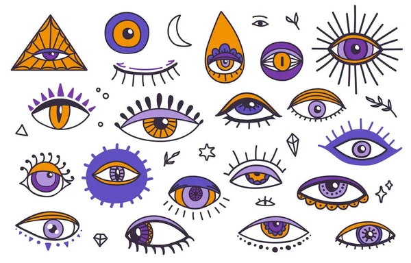 神奇的巫术之眼神秘莫测或深奥抽象的眼球幸运符 巫术和魔法视觉护身符或Boho天意和命运矢量符号 看到纹身的灵异视觉和神秘视觉 — 图库矢量图片