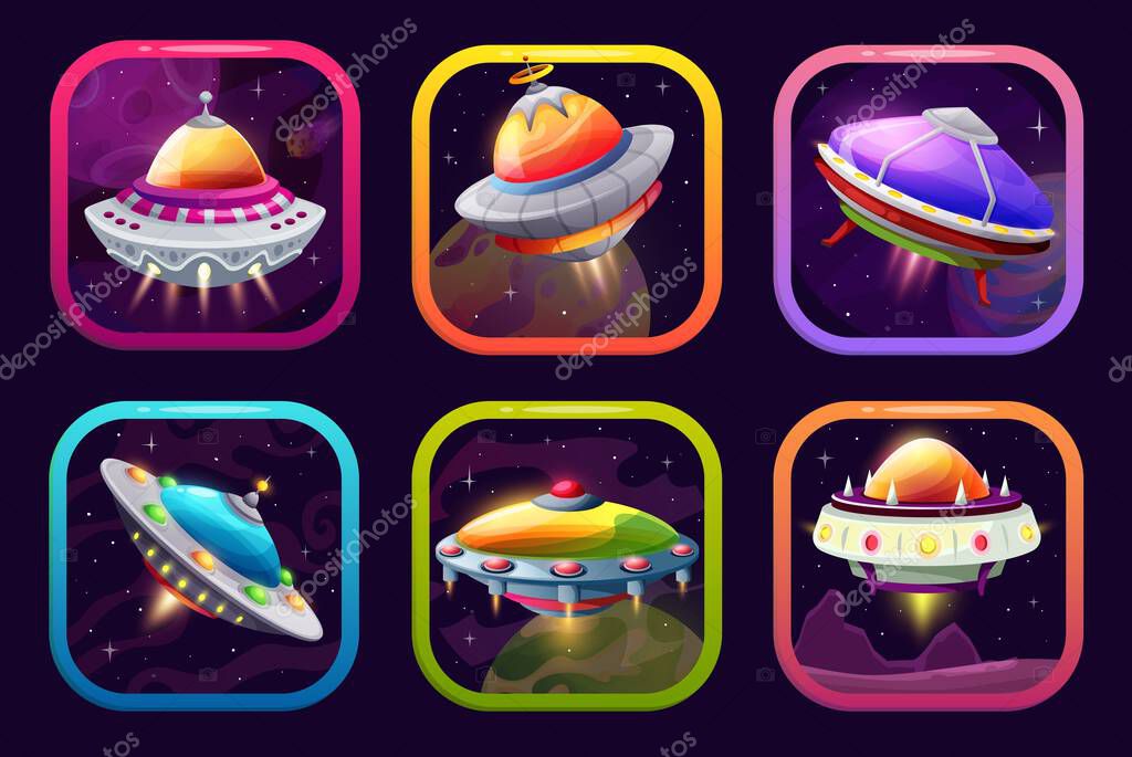 Cartoon UFO space game app icon, vector ui or gui assets. Futuristic flying saucers in fantasy galaxy with alien planets, asteroids and stars rounded square icons of mobile application or game store