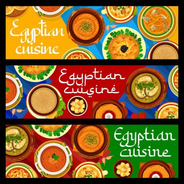 Mısır mutfağı yemek afişleri. Harira Ramazan ve Balik corbasi çorbası, Kawareh bi humus, Ab Ghooshte Fasl ve Marka çorbası, Zaalouk patlıcan salatası, Imjadra mercimek çorbası ve Bissara fasulyesi, Kesra ekmeği.