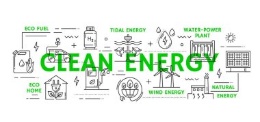Vektör çizgisi çevreci çevre, ekoloji, sürdürülebilir ve geri dönüşüm teknolojisi simgelerine sahip temiz enerji kavramı. Ana hatları yenilenebilir enerji, yaprak, eko yapı, biyolojik yakıt, güneş paneli ve rüzgar türbini