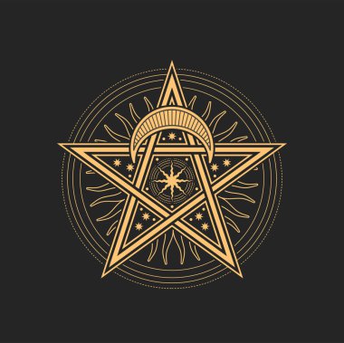 Ezoterik ve okült pentagram, mason ya da tarot sembolleri. Yıldız, hilal, güneş ya da yıldızlı vektör işareti. Astrolojik tılsım, izole edilmiş tarot kartı ruhani tılsım ya da cadı amblemi.