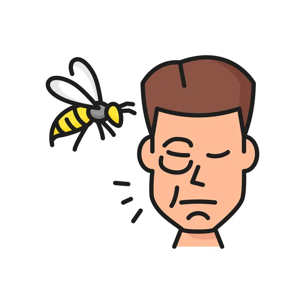 扣子或蜜蜂叮过敏色线条图标 昆虫中毒耐受危险 蜜蜂叮咬症状或过敏反应概述病媒象形文字 符号或有黄蜂和人肿大脸的图标 — 图库矢量图片