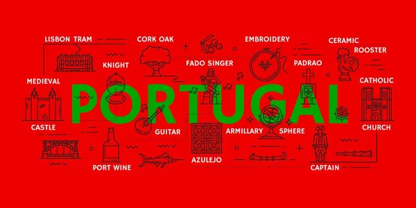 ポルトガル旅行のアイコンやインフォグラフィック ポルトガル文化 歴史と建築のシンボルリスボントラム コルクオーク 中世の騎士と刺繍 ファド歌手 教会と城と細い線のバナー — ストックベクタ