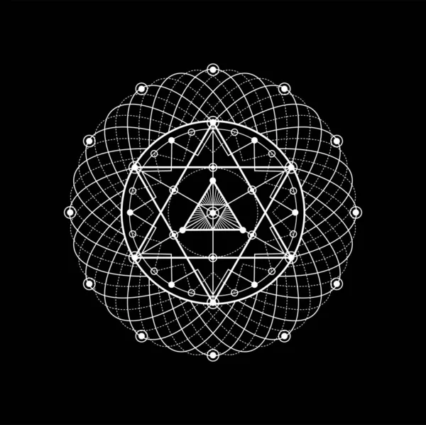 神圣的几何图形冥想深奥的纹身传说中的五芒星 瑜伽与灵修 共济会与炼金术 神秘宗教的神秘轮廓矢量符号 照明几何装饰 — 图库矢量图片