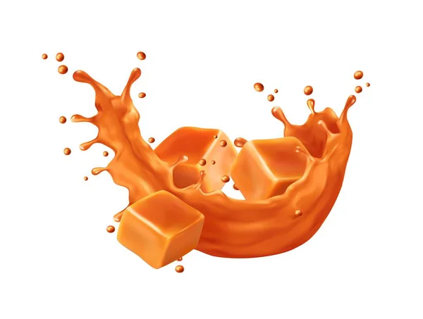 Caramel Sauce Flow Swirl Splash Toffee Candy Cream Syrup Wave — Stock Vector