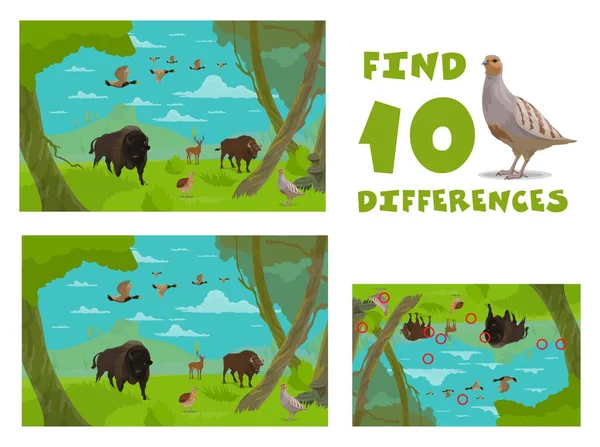 Encuentra Diez Diferencias Animales Salvajes Dibujos Animados Juego Combinación Niños — Archivo Imágenes Vectoriales
