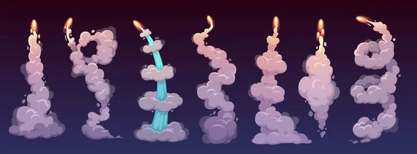 Cartoon Trilhas Fumaça Foguete Com Fogo Vetorial Nuvens Efeitos Movimento —  Vetores de Stock