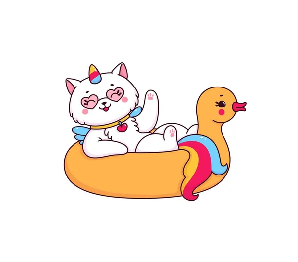 アヒルのフロート上の漫画のかわいいCaticorn文字 ハートサングラスとレインボーホーンを持つベクターユニコーン猫や子猫動物のかわいいキャラクター プールで楽しい時間を過ごしている幸せな猫のキャラクター — ストックベクタ