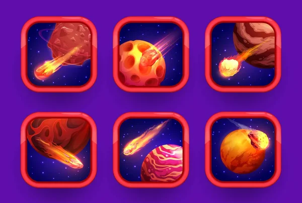 漫画宇宙ゲームアプリのアイコン 赤い惑星や丸みを帯びた正方形のフレーム内の火災彗星 ファンタジー宇宙惑星 エイリアンの星と小惑星を持つモバイルアプリケーションストアのためのベクトルUiまたはGuiインターフェイスアイコン — ストックベクタ
