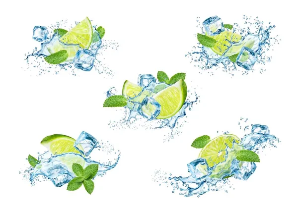 Mojito Drink Wave Splash Mit Limetten Eiswürfeln Wasserwirbeln Und Minzblättern — Stockvektor