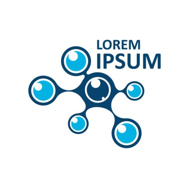 Kimya ve biyoloji biliminin molekül simgesi. Hücre yapısının vektör kimyasal formülü, soyut molekül modeli mavi çekirdek çemberleri ve biyolojik elementlerle izole edilmiş sembol, bilimsel araştırma