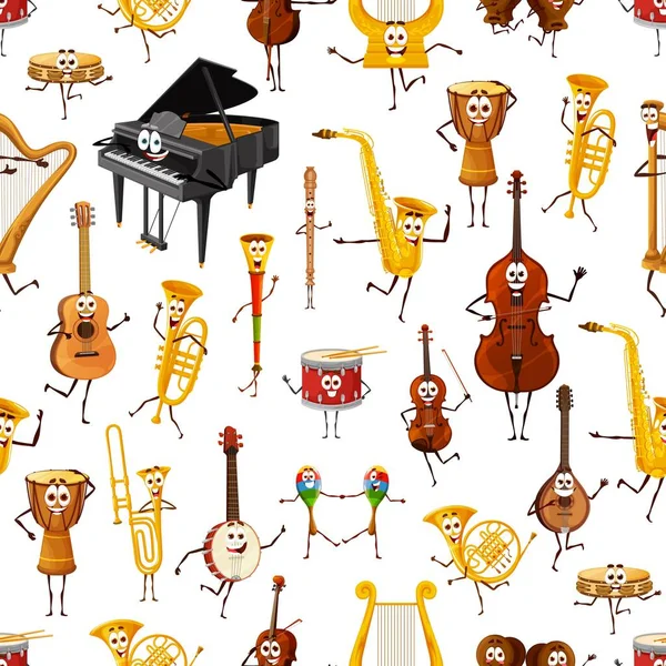 Desenhos Animados Instrumento Musical Caracteres Sem Costura Padrão Papel Parede — Vetor de Stock