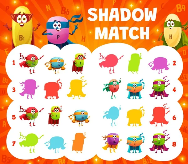 Shadow Match Game Cartoon Cheerful Superhero Vitamin Characters Shadow Match — Stock Vector