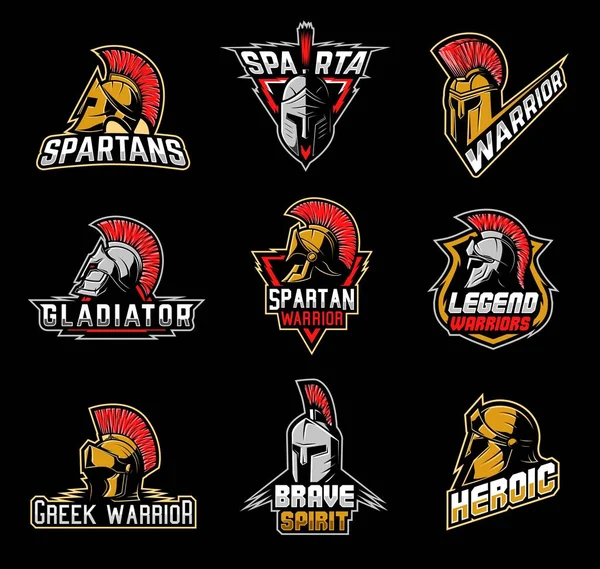Iconos Mascotas Guerreras Soldados Espartanos Gladiadores Emblemas Vectoriales Caballeros Guerreros — Vector de stock