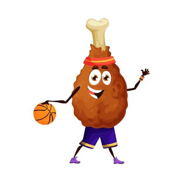 Cartoon Chicken Leg Character Playing Basketball Sport Game Happy Fast — Stock Vector