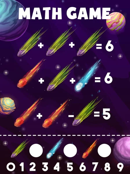 Wiskunde Spel Werkblad Cartoon Ruimte Kometen Asteroïden Meteoren Vector Kinderen — Stockvector