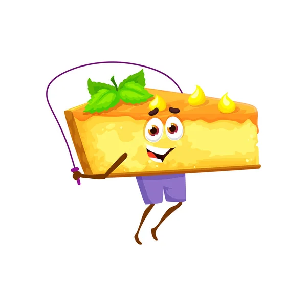 Γελοιογραφία Άλμα Cheesecake Χαρακτήρα Παρακάμπτοντας Σχοινί Αστείο Κομμάτι Κέικ Τυριού — Διανυσματικό Αρχείο