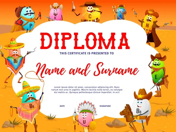 Diploma Infantil Dibujos Animados Vaquero Ladrón Sheriff Guardabosques Personajes Vitaminas — Vector de stock
