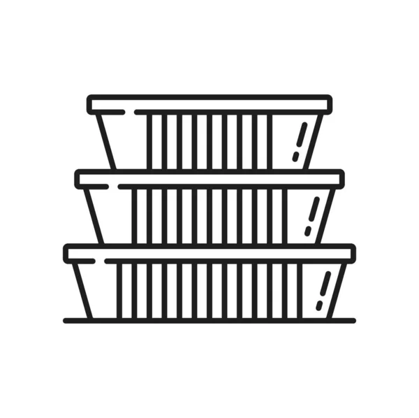 塑料食品容器外卖箱包装孤立轮廓图标 矢量箔 泡沫或纸盒 快餐午餐包装 — 图库矢量图片