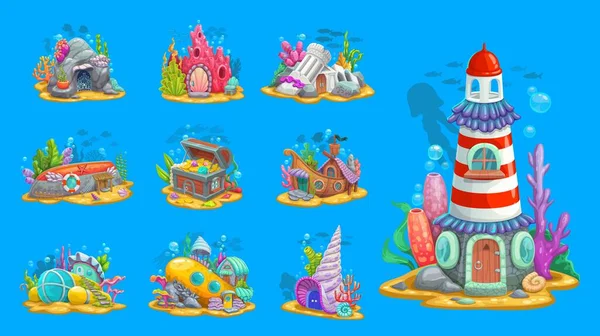 水中おとぎ話の建物や住居や海底の家 ベクトル漫画のゲーム資産 海のサンゴ礁 海の人魚やシェル内の魚の住居でボート潜水艦の水中生物の家 — ストックベクタ