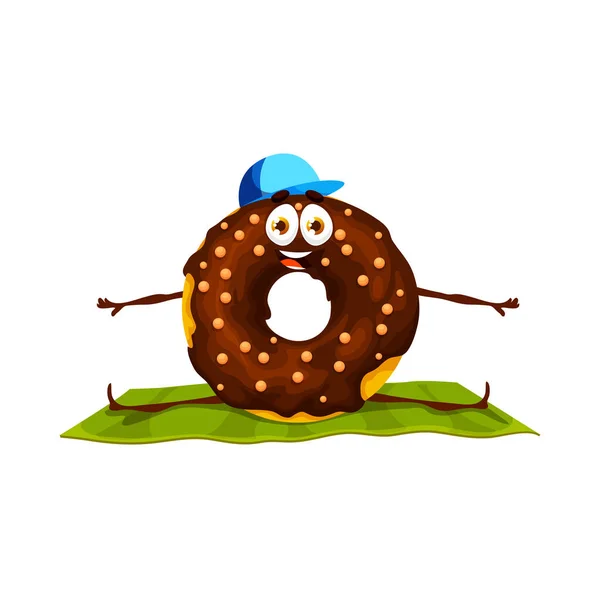 Cartoon Chocolade Donut Karakter Yoga Pose Vector Schattige Donut Taart — Stockvector
